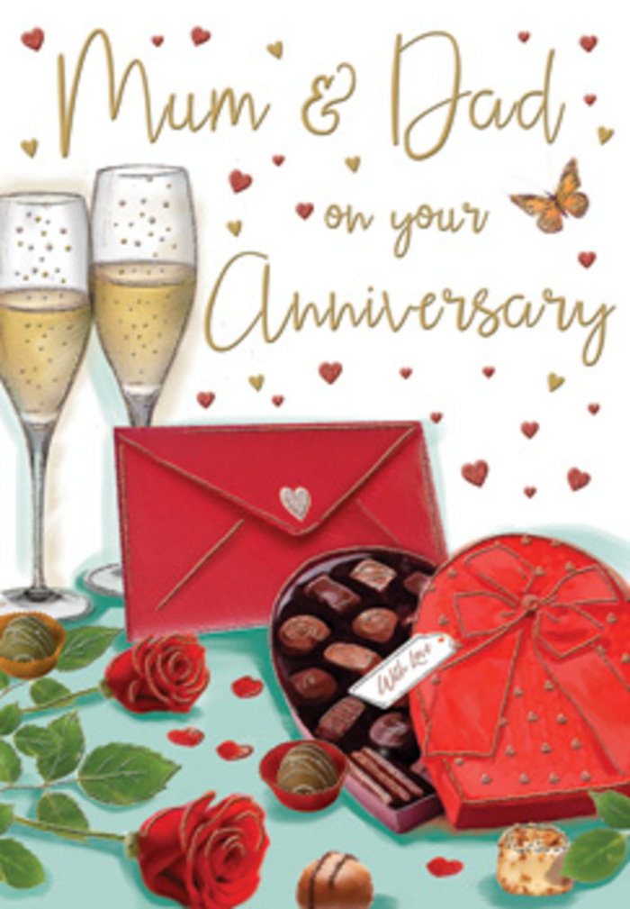 Luxuriously illustrated anniversary card designed to celebrate the enduring love of parents, with details that echo the romantic charm of Notting Hill evenings. Dominating the scene are two slender champagne flutes, drawn with crisp, transparent lines, each filled with glimmering golden champagne. Fine bubbles rise within the glass, creating a sense of movement and anticipation, as though someone is about to raise a toast to Mum & Dad. In front of the glasses lies a generous heart-shaped box of chocolates, its deep red shell and elaborate bow sketched to resemble soft satin, catching highlights that suggest a gentle glow from nearby candlelight. The lid is open, revealing neatly arranged chocolates in varied shades of brown, each piece shaded to appear rich and indulgent. Off to one side, two striking red roses, with velvety, layered petals and glossy green foliage, stretch across the tabletop like a freshly cut anniversary posy from a Notting Hill florist's bench. Their colour is a deep ruby, set against a warm neutral background that allows their richness to sing. A bright red envelope, sealed and inviting, lies near the chocolates, hinting at a handwritten card brimming with affectionate words and family stories. Tiny golden and crimson hearts drift across the design, like delicate confetti caught in a soft breeze, adding movement and a playful touch. The entire composition radiates warmth, tenderness, and celebration, reminiscent of a cosy anniversary supper at home after a stroll through the colourful streets and garden squares around Westbourne Grove.