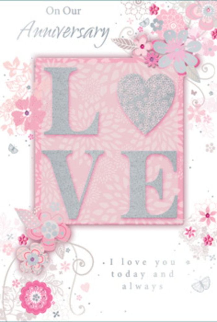 The anniversary card in this image feels like a paper bouquet, echoing the gentle romance that often drifts through Notting Hill's garden squares. At its heart, the word LOVE rises proudly in textured, glitter-touched letters, each character softly rounded and dusted with blush-pink and pearly white sparkle. The glitter is fine rather than flashy, catching the light like dew on petals first thing in the morning. Under the fingertips, the embossing would feel slightly raised and inviting, much like the layered textures in a carefully arranged bouquet. Behind and around the central word, the card's background moves through gentle tones of powder pink, cream, and pale grey, creating a softly glowing canvas. From this blush field, a pattern of wispy, hand-drawn flowers and leaves unfurls in relaxed curves, as if sketched by a florist planning an anniversary design at a workbench just off Portobello Road. Each bloom is stylised yet graceful, with slender petals, tapered leaves, and fine lines suggesting depth and shading. Some flowers are accented with hints of silver, giving the effect of delicate foiling that gleams subtly when the card is tilted, like sunlight glancing off a shop window along Westbourne Grove. Swirling flourishes and almost-cloudlike shapes weave between the blossoms, adding motion and a sense of dreamy celebration. A refined script message about lasting love and anniversaries appears in coordinating tones, its lettering elegant but not overly ornate, allowing easy reading. The whole card carries the mood of a quiet, intimate milestone-the sort of keepsake chosen with the same care as selecting a soft, romantic bouquet for delivery to a loved one in the W11 area.