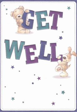 A scene of gentle affection unfolds in this charming get well card, echoing the tender community spirit of Notting Hill. The artwork captures a whimsical teddy bear, rendered with delightfully plush, slightly tousled fur, as it steadies itself atop the large, lively 'GET.' Below, a floppy-eared puppy, whose woolly coat and bright, soulful eyes add instant warmth, playfully nuzzles the bold 'WELL.' Their expressions speak volumes-a shared language of encouragement and hope fostered in every quiet corner of Notting Hill's peaceful mews. Scattered stars bloom around them in vibrant purples and tranquil teals, much like the bursts of colour sprouting through Kensington Park Gardens in spring. The clean white background imparts a gentle clarity, much needed when comforting a loved one through uncertain days. As a florist creating bespoke arrangements near Elgin Crescent, I recognise in the arrangement of these details the same attentive care poured into each bouquet-a commitment to brighten even the stormiest morning. This card, much like a handpicked bunch from Notting Hill Flowers, offers not only visual delight but the emotional reassurance that comes from knowing someone in your neighbourhood truly cares about your well-being.