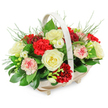In this photograph, a beautifully composed funeral flower basket rests against a pure white backdrop, its gentle colours and rich textures conveying sympathy without words. The arrangement is presented in a light-coloured wooden basket, oval and slightly elongated, with small, understated feet and a smooth, arched handle that echoes the natural lines of the flowers. The blooms are arranged in a generous dome, overflowing slightly at the edges to create a feeling of comforting abundance. Creamy white roses open fully across the arrangement, their soft, layered petals giving a sense of calm and serenity. They are partnered with deep red carnations whose lush, ruffled petals bring depth and a heartfelt intensity, balanced by bi-coloured and pale pink carnations, where white petals are delicately tinged and edged with shades of pink and crimson. Slender stems of small, white, bell-shaped flowers-likely freesias-thread their way through the design, lending a touch of lightness and a suggestion of gentle fragrance. A foundation of glossy, dark green foliage, probably ruscus or salal, holds the flowers securely, while airy, feathery sprigs of fern or asparagus plumosa peek out around the top and sides, adding height and a soft, natural frame. The lighting is bright and even, allowing each bloom's detail to be clearly seen. The overall composition feels both traditional and warm, making it a thoughtful choice for a funeral or memorial service, or as a condolence gesture delivered to a home in Notting Hill, where understated elegance and heartfelt sentiment are often appreciated.