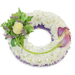 A serene, circular funeral wreath crafted from a dense, cloud-like ring of pristine white chrysanthemums, each tiny floret packed tightly to form a soft, textured surface that reads as peace and quiet comfort. Beneath the white blooms a whisper of deep purple netting or lace peeks out along the inner edge, giving subtle depth and a restrained jewel tone that holds the composition together. At the upper-left quadrant a compact cluster anchors the wreath: a single, softly unfurling cream-to-pale-yellow rose sits at its heart, surrounded by broad variegated leaves with lighter margins, feathery fern fronds, and slim sprigs of lavender-purple statice that add delicate color and a fine, dry texture. On the right-hand side, from about two o'clock to five o'clock, two sculptural calla lilies sweep gracefully across the chrysanthemum base; their trumpets graduate from a rich purple at the tips through blush-peach toward the throat, and their bright green stems arc along the lower-right curve of the wreath, visually tying the two focal areas together. A longer green stem emerges from the left cluster and is discreetly secured across the lower section, leading the eye toward the lilies and creating a gentle, continuous line. The overall effect is dignified and tender - a sympathy tribute that reads as both solace and remembrance. Soft daylight seems to fall across the arrangement, emphasizing textures and the faint, comforting scent of chrysanthemum and rose. This is the kind of thoughtful memorial wreath you might find laid with care at a Notting Hill graveside service or delivered quietly to a family home near Portobello Market.
