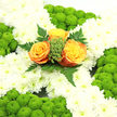 The photograph captures a serene floral cross arranged with the kind of attentive skill you might find in a long-established Notting Hill flower shop serving families around Pembridge Road and Holland Park. The cross is entirely blanketed in white chrysanthemums, each bloom freshly opened, with layered petals that form a soft, cloudlike texture across the whole shape. The white surface is even and carefully finished, with no gaps, giving a sense of purity and quiet order, as though every flower has been placed with a moment of thought and care. Breaking up this expanse of white, neat domes of bright green button chrysanthemums appear at regular intervals along the cross's arms and lower stem. These rounded green clusters add a gentle liveliness, their colour reminiscent of new leaves in early spring, and their compact form providing subtle structure and rhythm to the design. At the centre, where the upright and crossbar meet, three large roses take pride of place in shades of rich orange, amber, and soft gold. Their petals are velvety and full, spiralling open in warm, glowing circles that immediately catch the eye. Around the roses, slim fronds of fern and sprigs of small green filler foliage fan outwards, framing the vibrant blooms and blending them into the white chrysanthemum background. The lighting is soft and natural, casting mild highlights on the curved petals and delicate shadows between the flowers, enhancing the texture without distraction. The overall impression is of a thoughtful, comforting tribute, a floral cross that speaks of peace, gratitude, and enduring affection for a loved one being remembered.