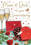 Illustrated anniversary card capturing a warm, romantic celebration scene that feels perfectly at home in Notting Hill. At the centre of the artwork, two elegant champagne flutes stand close together, their clear sides reflecting a gentle amber light as bubbles rise through the pale gold liquid, ready for a loving toast. Just before them, a heart-shaped box of chocolates sits proudly on the tabletop, its rich red lid hinged open to display a tidy pattern of round and square chocolates, drawn in luscious shades of cocoa and caramel. An opulent scarlet bow sprawls across the lid, its flowing ribbon adding a festive, almost theatrical flourish. To the side, a pair of sumptuous red roses lies diagonally, their petals arranged with the same care a local florist would give to a bespoke bouquet for parents celebrating many years of marriage. The roses' deep crimson tones are softened by bright green leaves, which add a touch of natural freshness to the warm, indulgent palette. Scattered chocolates rest casually around the box, evoking moments of leisurely sharing. A vivid red envelope, sealed and angled slightly toward the viewer, hints at a heartfelt message for Mum & Dad, full of appreciation and shared history. Small gold and crimson hearts drift around the composition like soft confetti, creating a feeling of lightness and joy. The scene has the intimate, contented atmosphere of an anniversary evening at home near Portobello Market-quiet clinks of glasses, the imagined scent of roses, and the comfortable sweetness of a love that has lasted through many seasons.